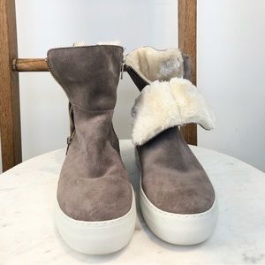 J Slides Taupe Suede faux fur lined weatherproof booties size 7